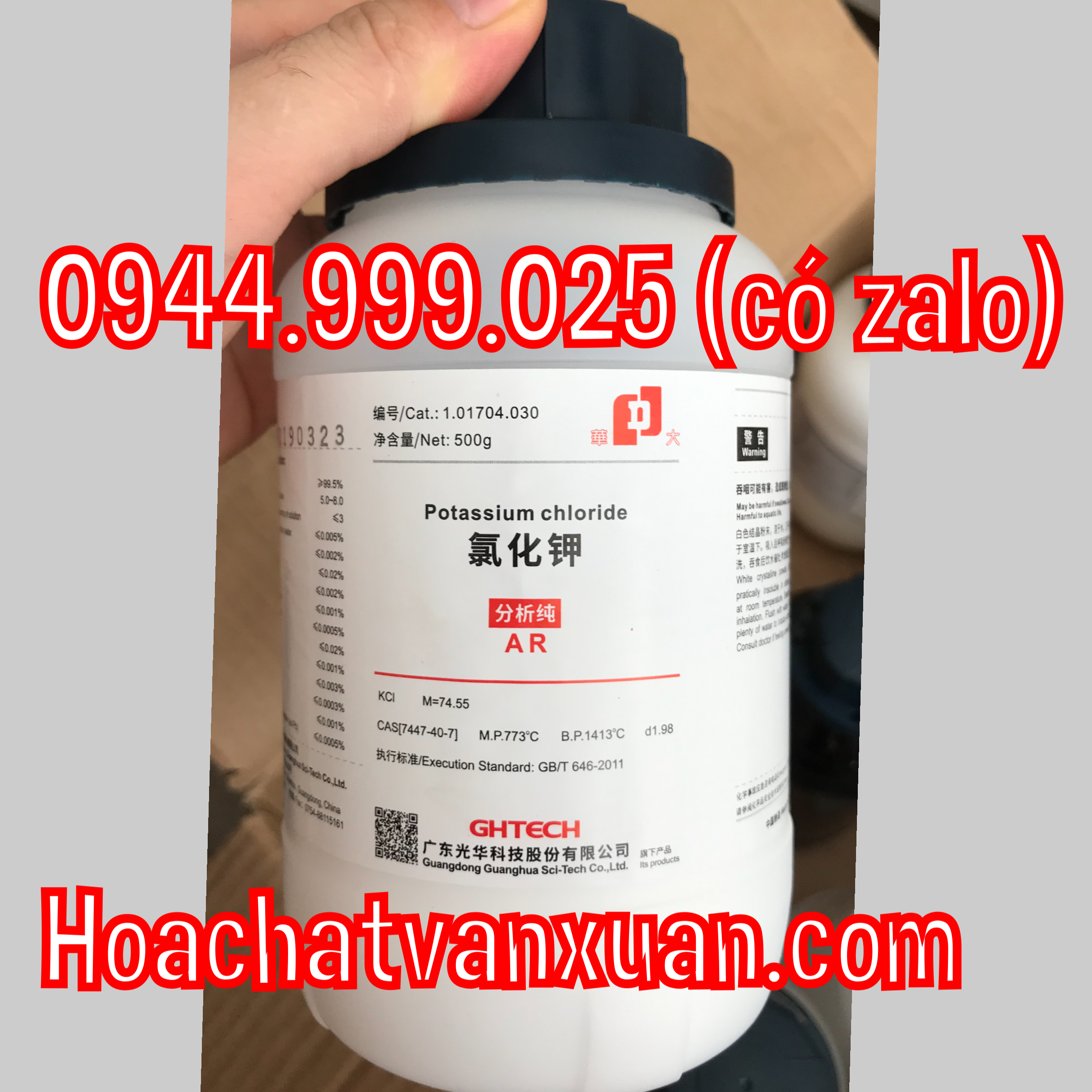 Hóa chất potassium chloride JHD trung quốc, KCl, kali clorua, CAS 7447-40-7 lọ 500g