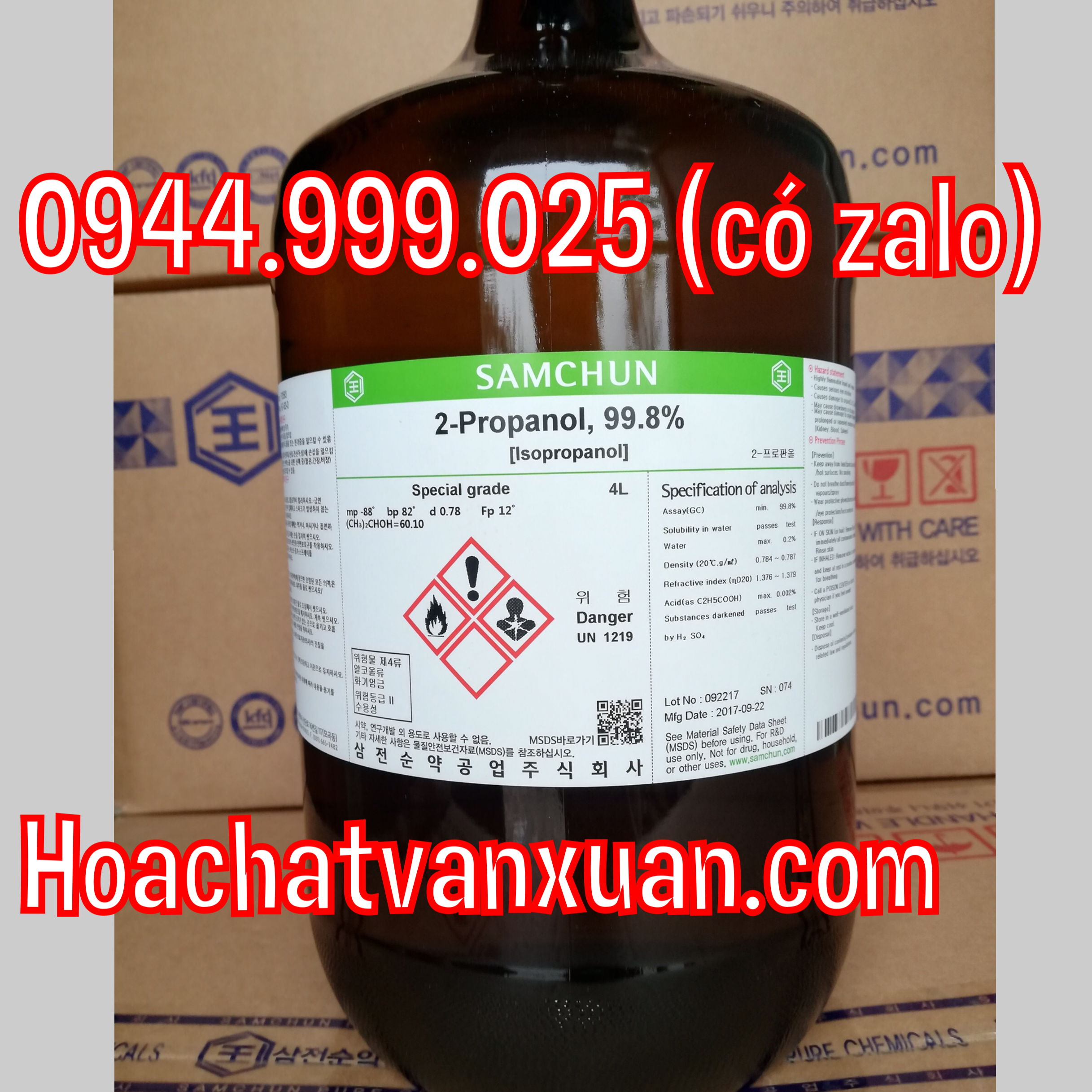 Hóa chất 2-Propanol,>99.8% IPA isopropyl alcohol chai 4 lít Samchun Hàn Quốc