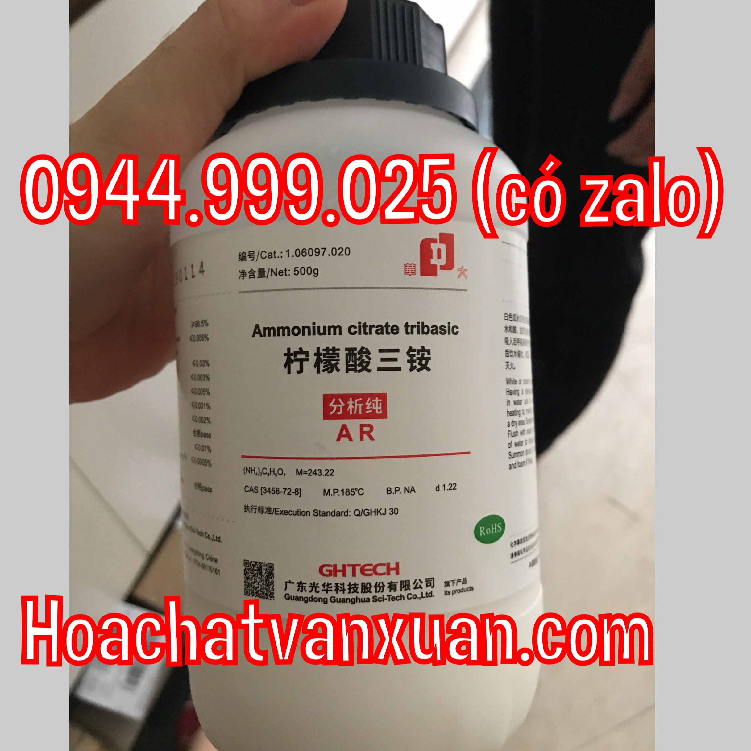 Hóa chất Ammonium citrate tribasic triammonium citrate CAS 3458-72-8 (NH4)3C6H5O7 lọ 500g amoni citrat sơn đầu GHTECH