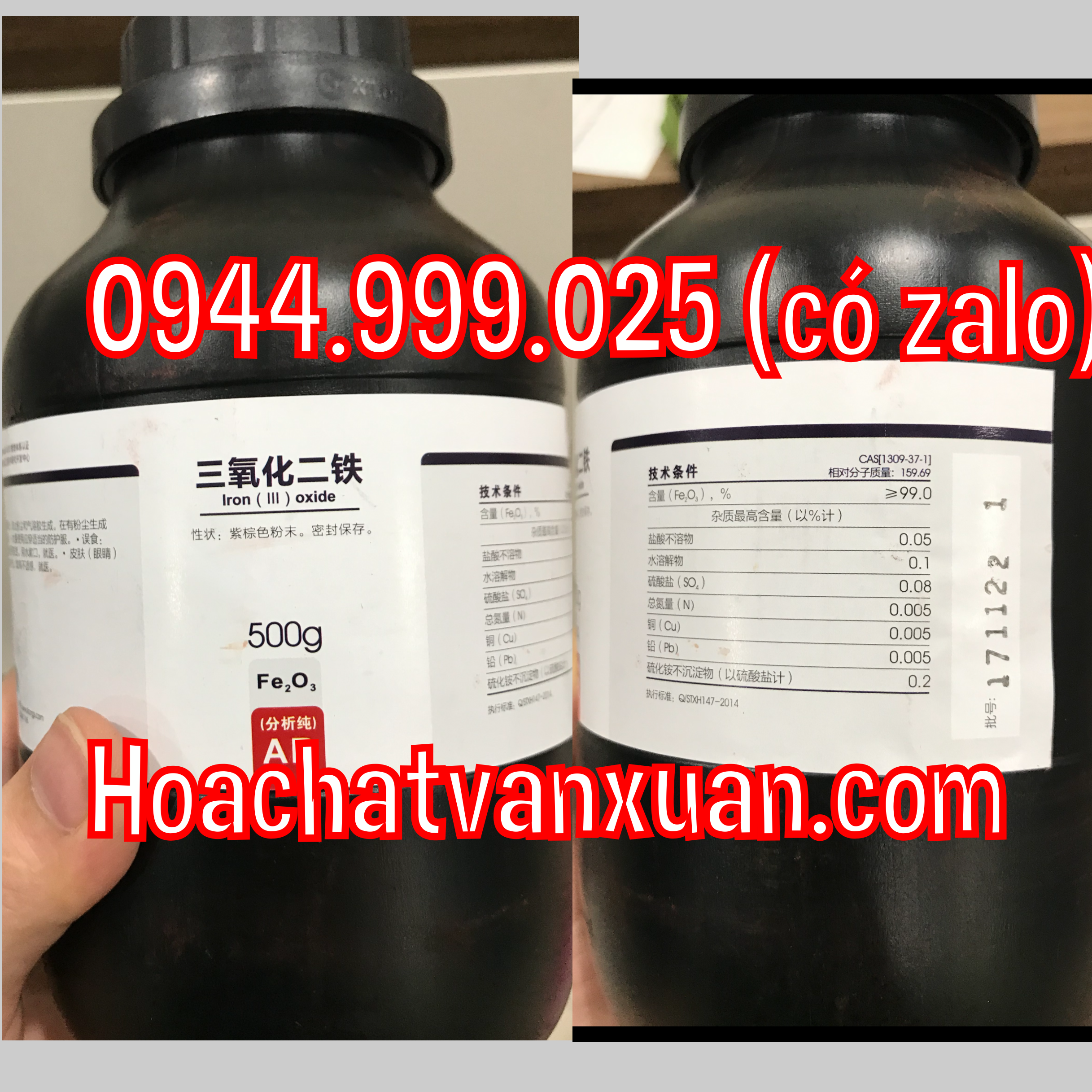 Hóa chất Ferric oxide 99% CAS 1309-37-1 Fe2O3 sắt III oxit Iron(III) oxide xilong Trung Quốc lọ 500g