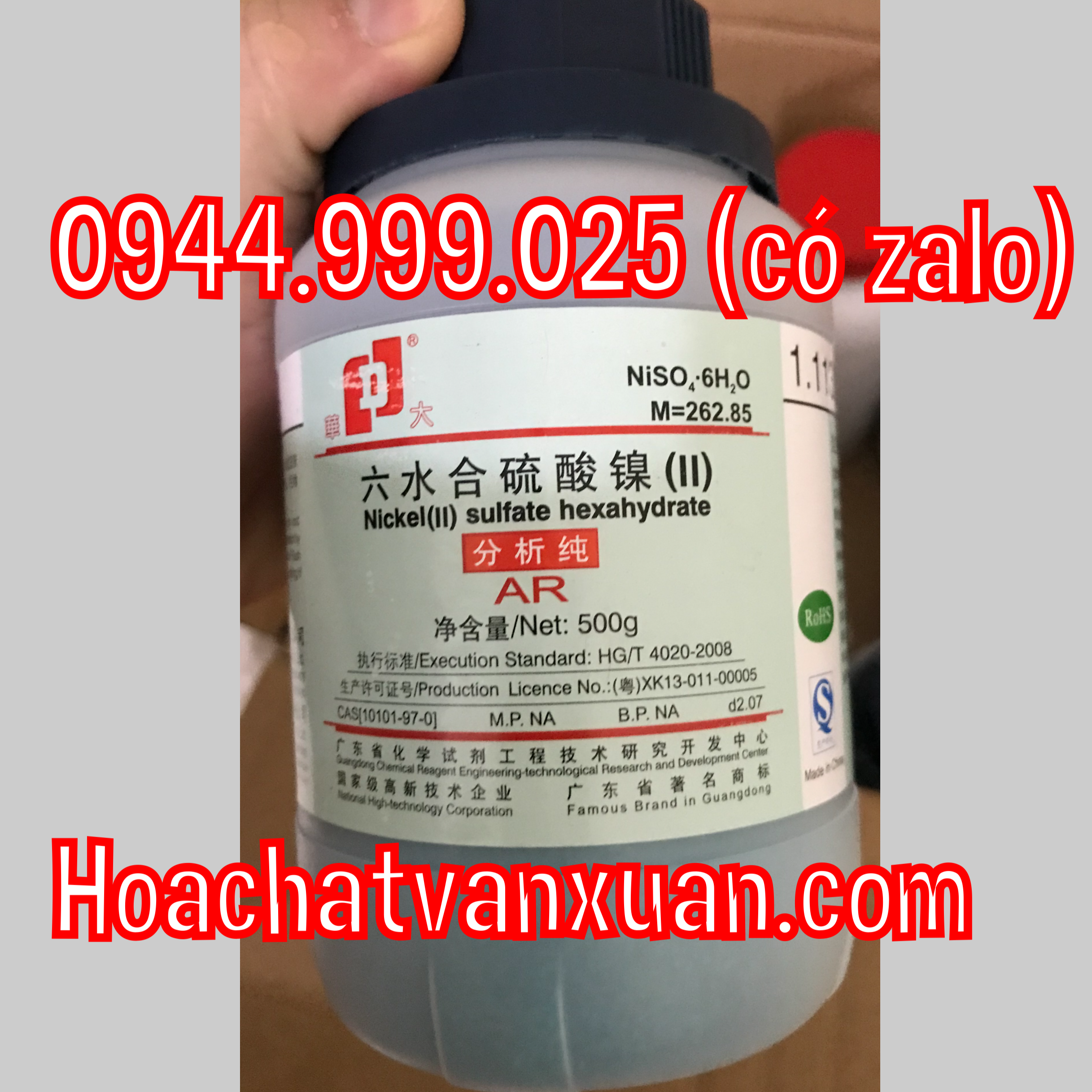 Hóa Chất Nickel Sulphate JHD trung quốc, NiSO4 .6H2O, CAS 10101-97-0, Nickel(II) sulfate hexahydrate lọ 500g