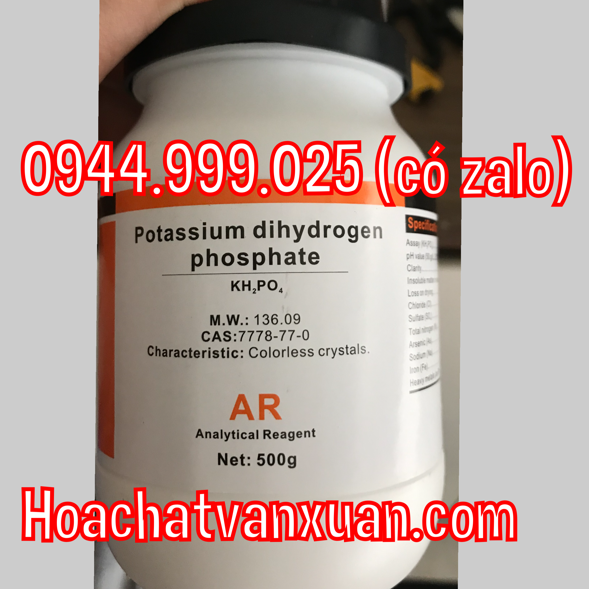 Hóa chất potassium dihydrogen phosphate xilong trung quốc, KH2PO4, Kali đihiđrophotphat, KDP, monokali photphat, MKP lọ 500g CAS 7778-77-0